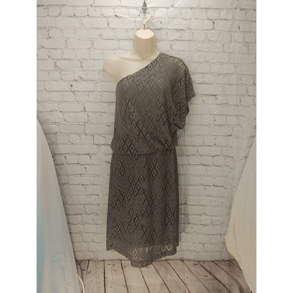 London Times Women's Size 14 Grey One Shoulder Lace Dress.